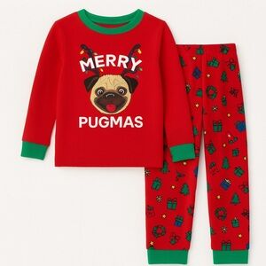 NWT Kids Red 'Merry Pugmas' Pajama Set Christmas jammies
